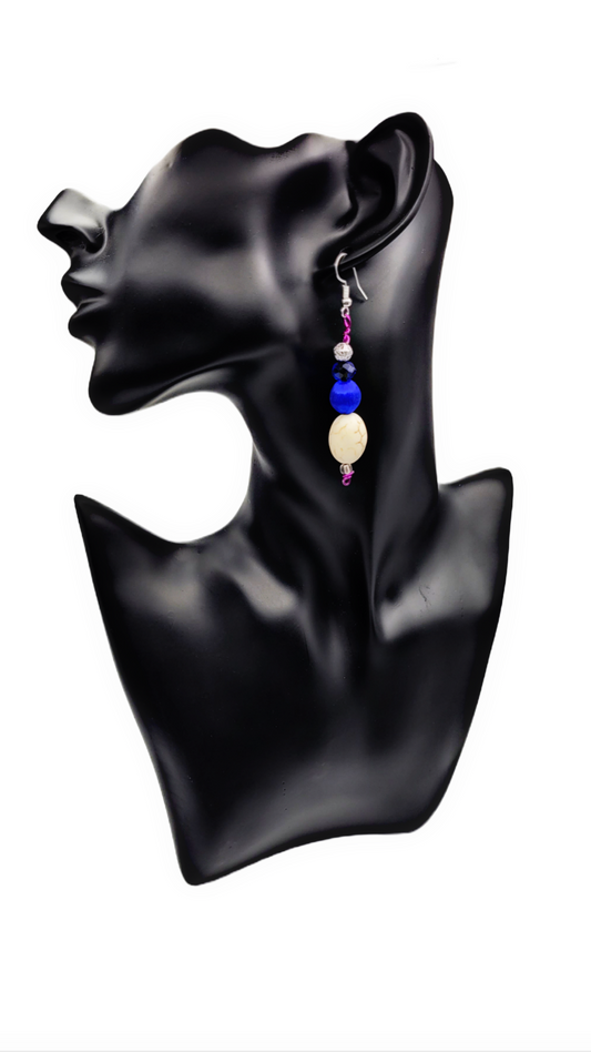 1 of 1 Handmade | Howlite, Blue Glass, and Fabric Bead Earrings