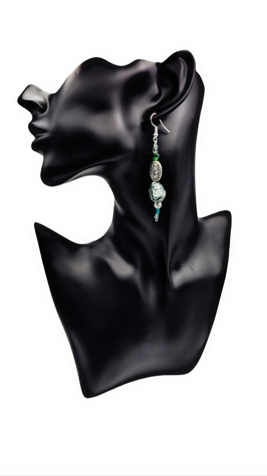 1 of 1 Handmade | Polished Moss Agate and Silver Greek Key Accent Earrings