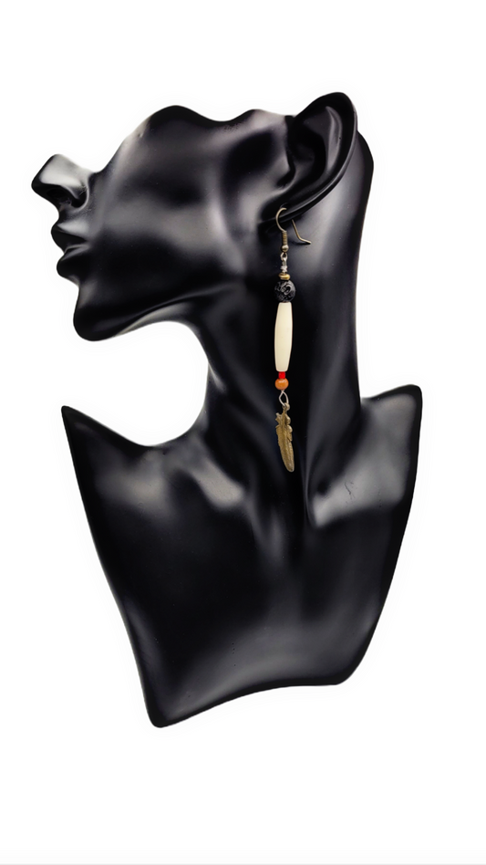 1 of 1 Handmade | Volcanic Stone and Bone with Bronze Feather Earrings